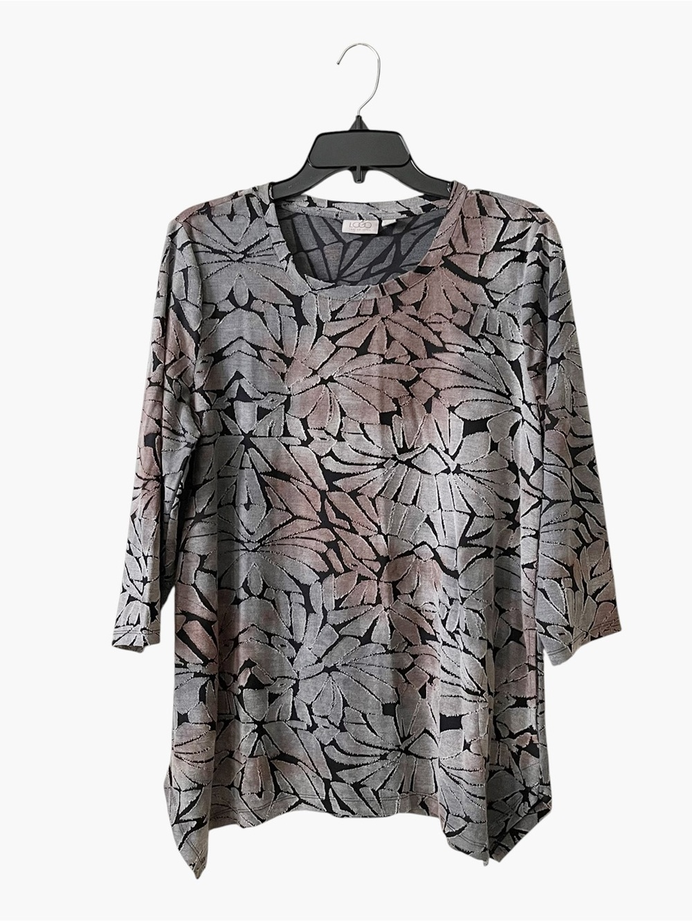 LOGO Lori Goldstein Top Women's Size M Gray Textured 3/4 Sleeve Pockets Stretch